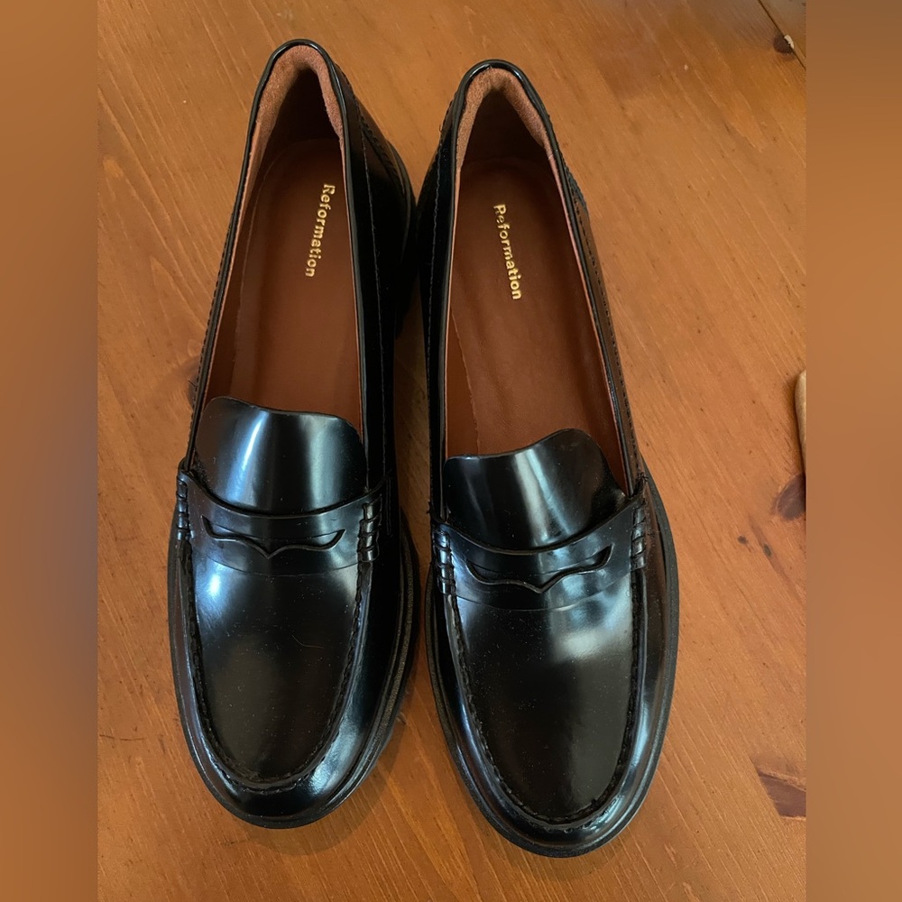 Reformation Glossy Black Loafers